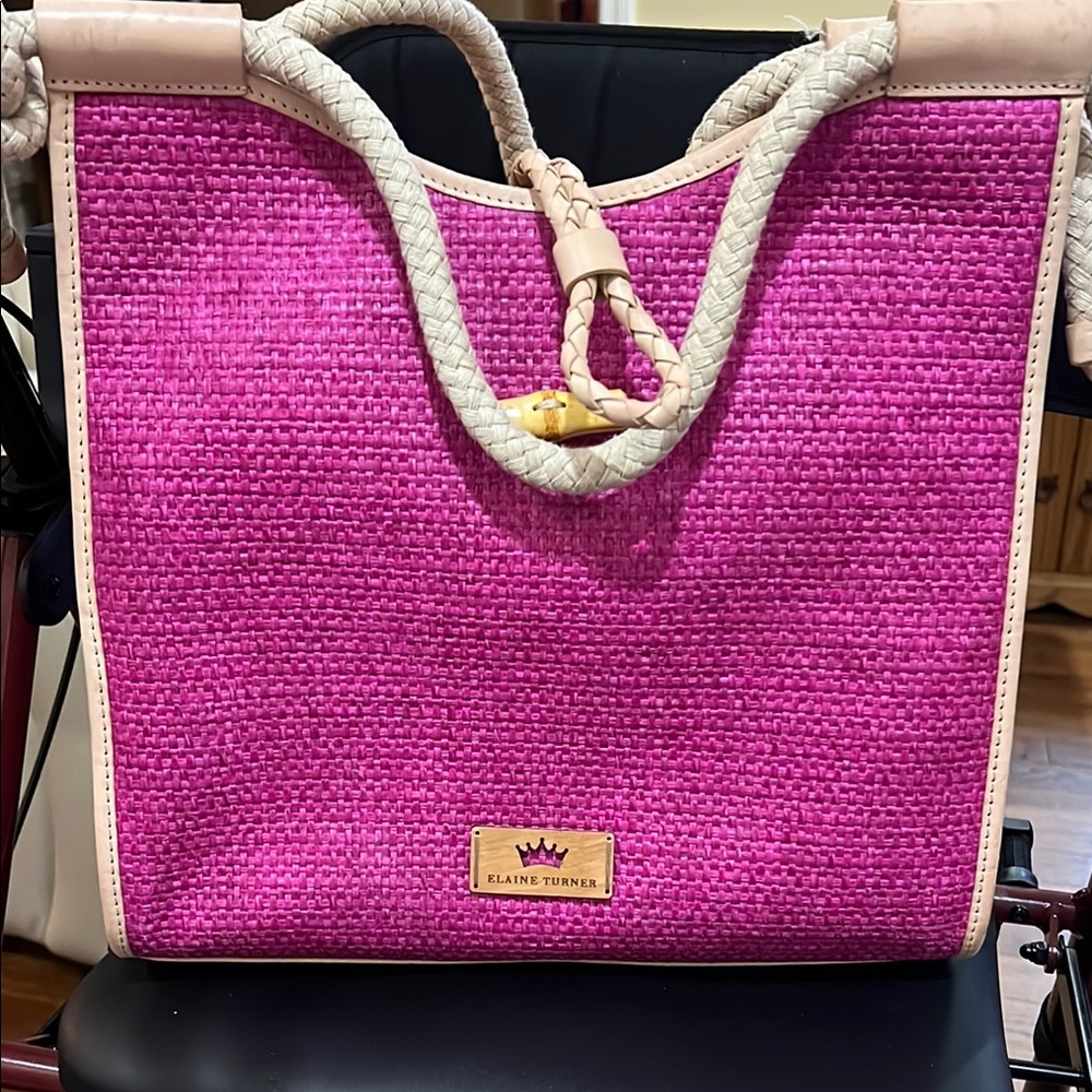 Elaine Turner Pink and Cream Woven Tote, like new